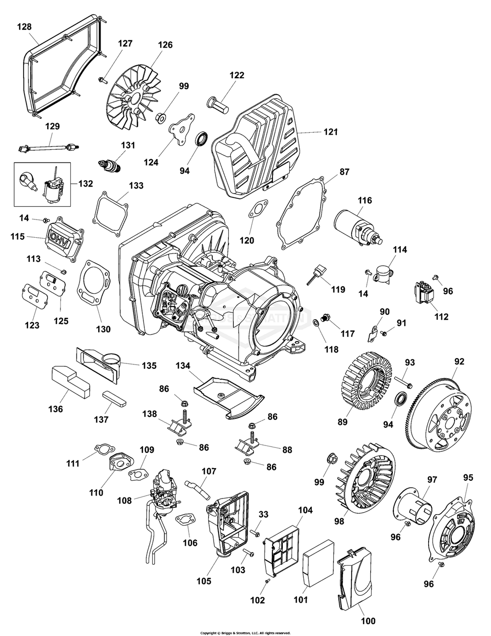 Main Unit P3 Engine Diagram and Parts List for 030807-00  Briggs and Stratton Generator
